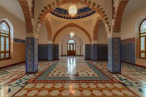 Ornate interior of a mosque with arched doorways, colorful tile floors and stained glass windows. photo