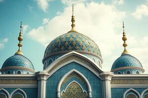 Ornate blue mosque domes against a bright sky. photo
