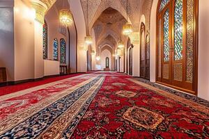 Ornate mosque interior with red carpet, arched ceilings, stained glass windows, and chandeliers. photo