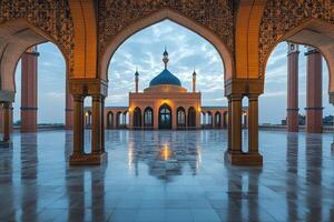 Mosque at dawn, reflected in wet courtyard. photo