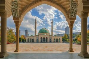 Mosque framed by archway, sunny day. photo
