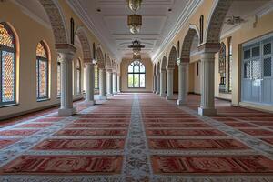 Serene mosque interior with arched hallway, stained glass windows, and prayer rugs. photo