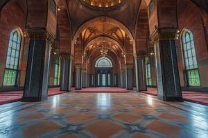 Ornate mosque interior with stained glass windows, pillars, and intricate tile floor. photo