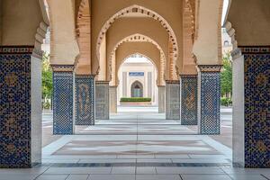 Serene mosque courtyard with intricate arches and tilework. photo
