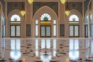 Ornate interior of a mosque with stained glass windows, arched doorways, and a polished marble floor. photo