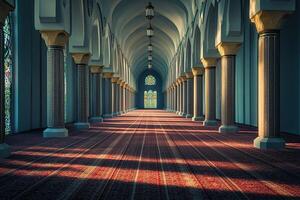 Serene mosque hallway with stained glass and intricate columns. photo