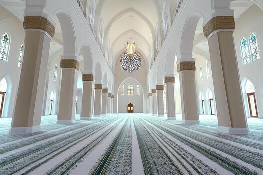 Spacious mosque interior with arched columns, stained glass, and patterned carpet. photo