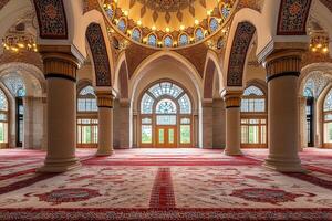 Ornate mosque interior with stained glass windows, columns, and richly patterned carpets. photo