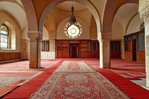 Serene mosque interior with red carpets, arched entryways, and stained-glass window. photo