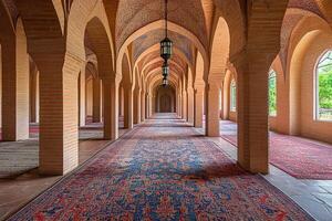 Serene mosque hallway with arched columns, intricate rugs, and natural light. photo