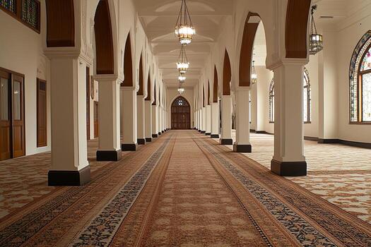 Serene mosque hallway with arched columns, patterned carpet, and stained glass windows. photo