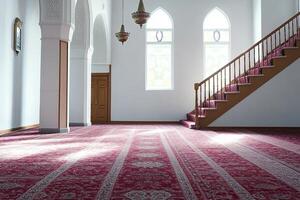 Serene mosque interior with sunlight streaming through stained-glass windows, illuminating a richly patterned prayer rug and wooden staircase. photo