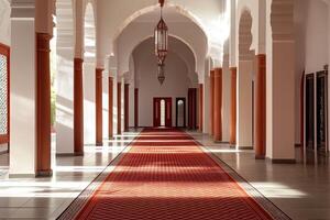 Sunlit corridor with arches, columns, and red carpet. photo
