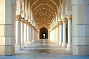 Sunlit colonnade with arched ceilings and pillars. photo