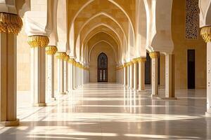 Sunlit hallway with arches and columns. photo