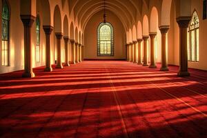Sunlit interior of a mosque with red carpet, arches, and stained-glass window. photo