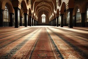 Sunlit interior of a mosque with arched ceilings, columns, and patterned carpets. photo