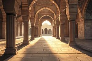 Sunlit arcade in ancient mosque, columns, arches, stone floor, sunlight. photo