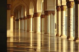 Sunlit colonnade with marble floor and gold-accented columns. photo