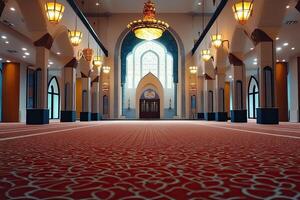 Spacious mosque interior with ornate carpet, arched windows, and chandeliers. photo