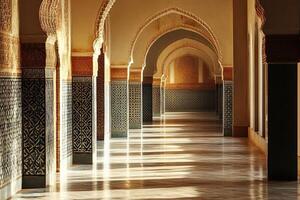 Sunlit hallway with arched ceilings and intricate tilework. photo