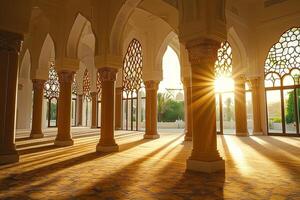 Sunbeams illuminate a mosque's interior, highlighting architectural details and creating a serene atmosphere. photo