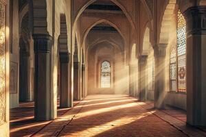 Sunbeams illuminate a mosque's serene interior, showcasing its architectural details and stained-glass windows. photo