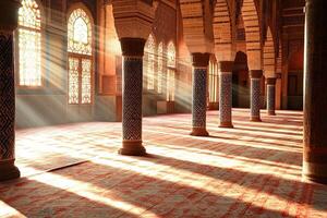 Sunbeams illuminate a mosque's interior, showcasing ornate columns, stained-glass windows, and prayer rugs. photo
