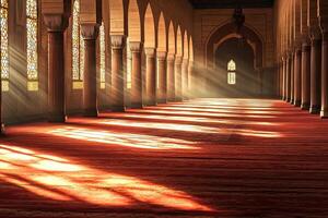 Sunbeams illuminate a serene mosque interior with stained glass and red carpet. photo