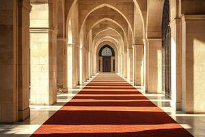 Sunlit arcade with red carpet, arched hallway. photo
