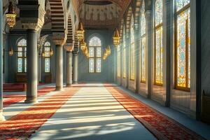 Sunbeams illuminate a mosque's interior, highlighting its architectural details, stained-glass windows, and ornate columns. photo