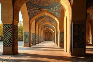 Sunlit arched colonnade with intricate mosaic tilework. photo