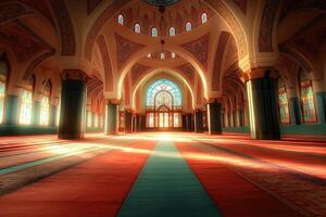 Sunlit interior of a grand mosque, featuring intricate architecture, stained glass windows, and a prayer hall with patterned carpets. photo