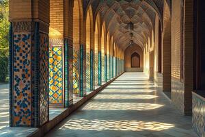 Sunlit arched hallway with patterned tile columns. photo