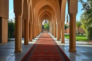 Sunlit arcade with columns, arched walkways, and a red carpet leading to a mosque. photo