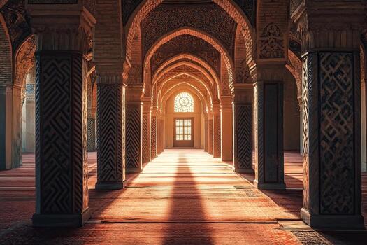 Sunlit interior of a grand mosque with arched hallways, intricate columns, and patterned floors. photo