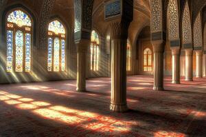 Sunbeams illuminate a mosque's interior, highlighting stained glass windows, pillars, and patterned carpets. photo