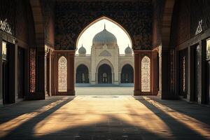 Sunlit archway framing a grand mosque. photo