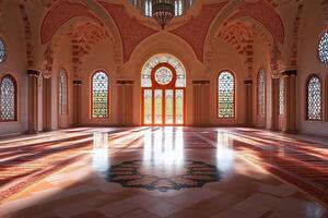 Sunlit interior of a grand mosque with ornate arches, stained-glass windows, and patterned carpet. photo