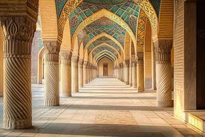 Sunlit colonnade in a historic mosque, featuring intricate architecture and arched ceilings. photo