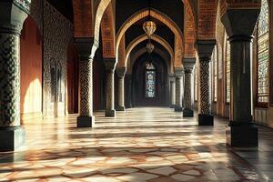 Sunlit arched hallway with mosaic floor and stained glass window. photo