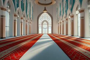 Sunlit interior of a modern mosque with red prayer rugs and intricate architectural details. photo