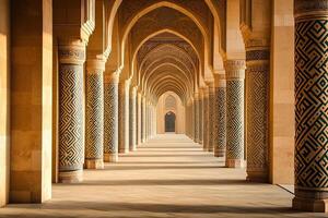 Sunlit colonnade with ornate columns and arches. photo