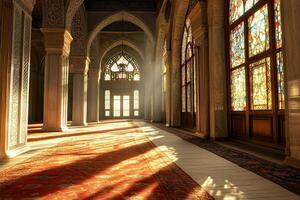 Sunlit corridor in a mosque with stained glass windows and ornate arches. photo