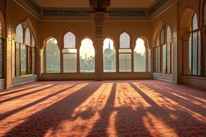 Sunlit interior of a building with arched windows overlooking a mosque. photo
