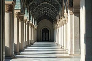 Sunlit colonnade with arched ceiling and ornate details. photo