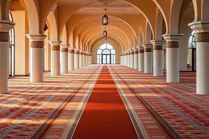 Sunlit corridor with arched ceilings, columns, and red carpet. photo