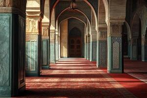 Sunlit corridor in a mosque with arched colonnades and ornate pillars. photo