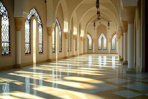 Sunlit corridor with arched windows and marble floor in a grand building. photo