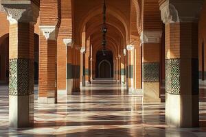 Sunlit corridor with brick columns, arches, and patterned tile floor. photo
